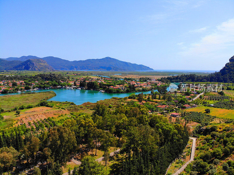 空中全景Dalyan Kaunos, Fethiye，土耳其